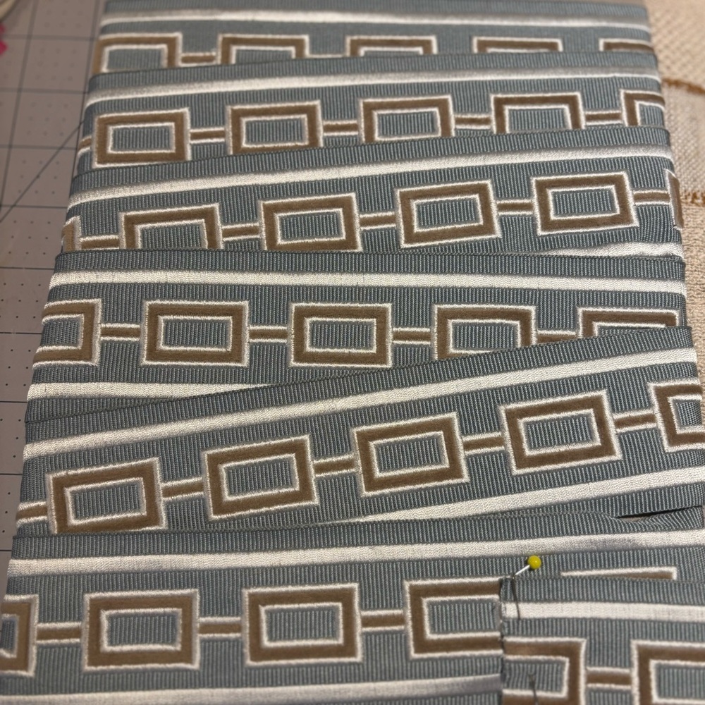 Geometric Velvet Appliqué Trim – 3 Yards, Taupe & Blue